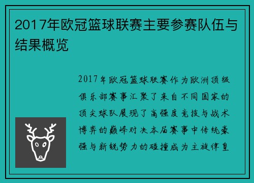 2017年欧冠篮球联赛主要参赛队伍与结果概览